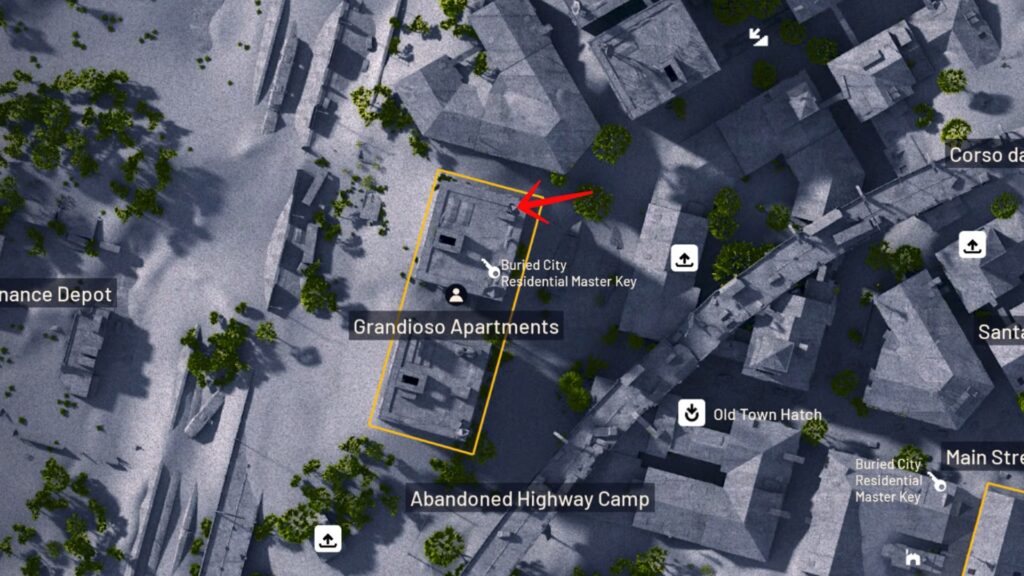 Aerial map view of Grandioso Apartments in Arc Raiders Buried City with supply drop marker