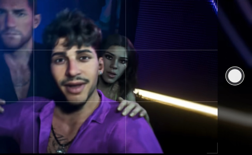 Man in purple shirt from GTA 6 trailer with characters in background