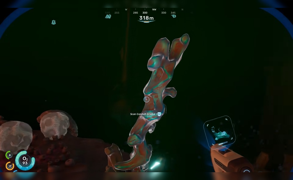 Player harvesting glowing Conduit Crystal from coral formation in Subnautica 2 underwater