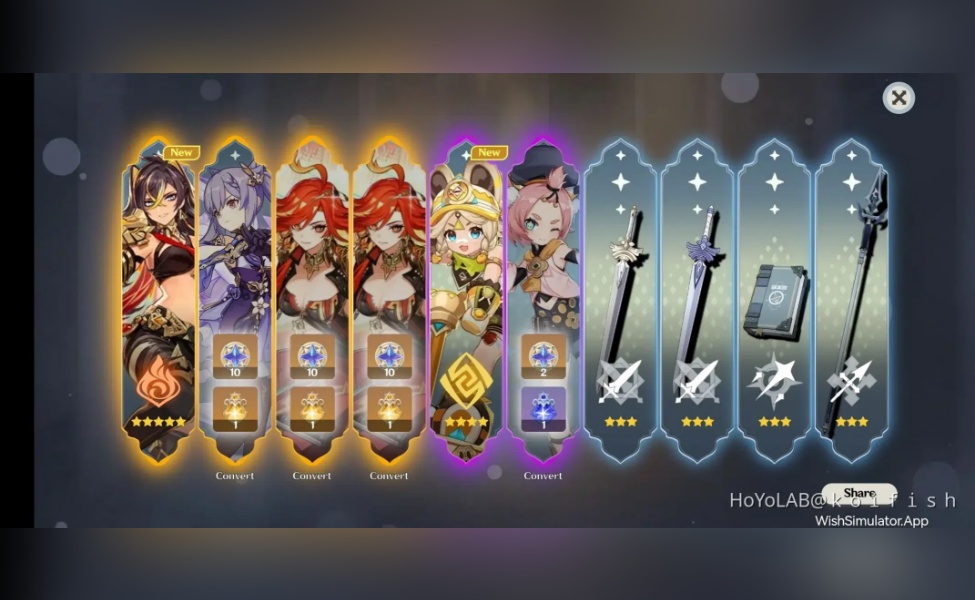 Genshin Impact wish simulator display showing character and weapon banners with rarity ratings