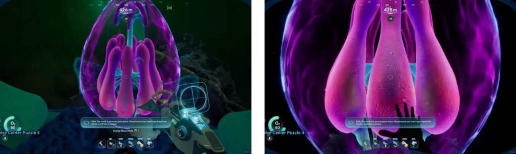 Subnautica 2 gameplay showing alien structure with thermal vents in Power Plant Biome