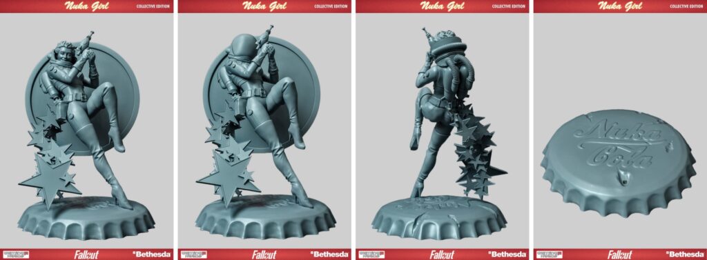 Unpainted Nuka Girl statue collectible figure from multiple angles showing front and back views