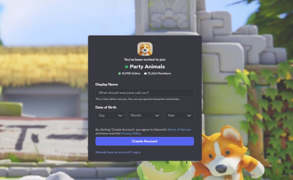Party Animals Discord server invitation screen with display name and date of birth setup fields