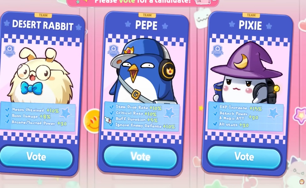 Three voting cards for Maple University premium pass candidates: Desert Rabbit, Pepe