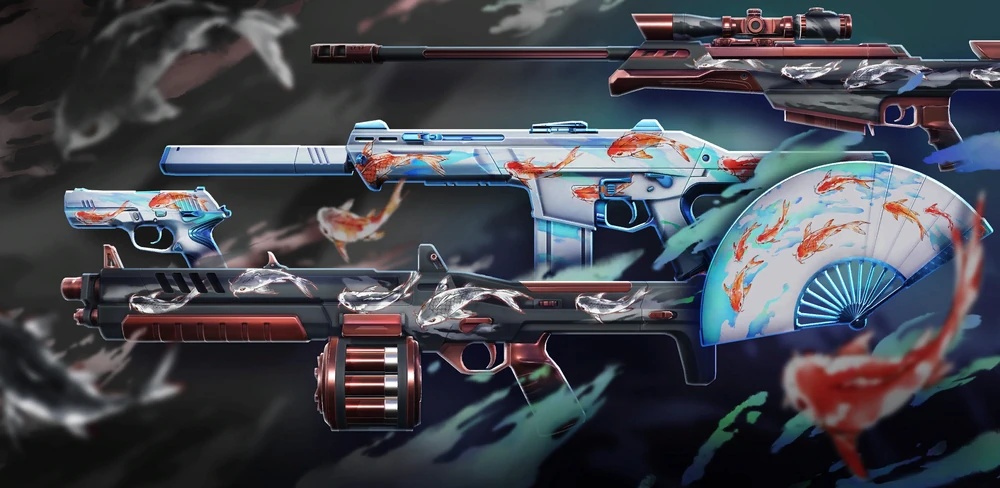 Valorant weapon skins collection featuring koi fish designs with blue and red styling
