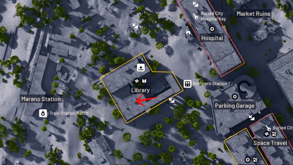 Overhead map view of Library location in Buried City with surrounding landmarks and call stations