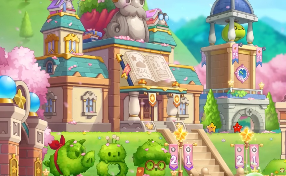 Colorful fantasy village with magical buildings, green creatures, and decorative elements from