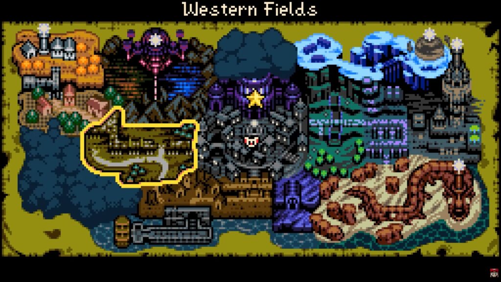 Mina the Hollower game map showing Western Fields region with various pixel art environments and
