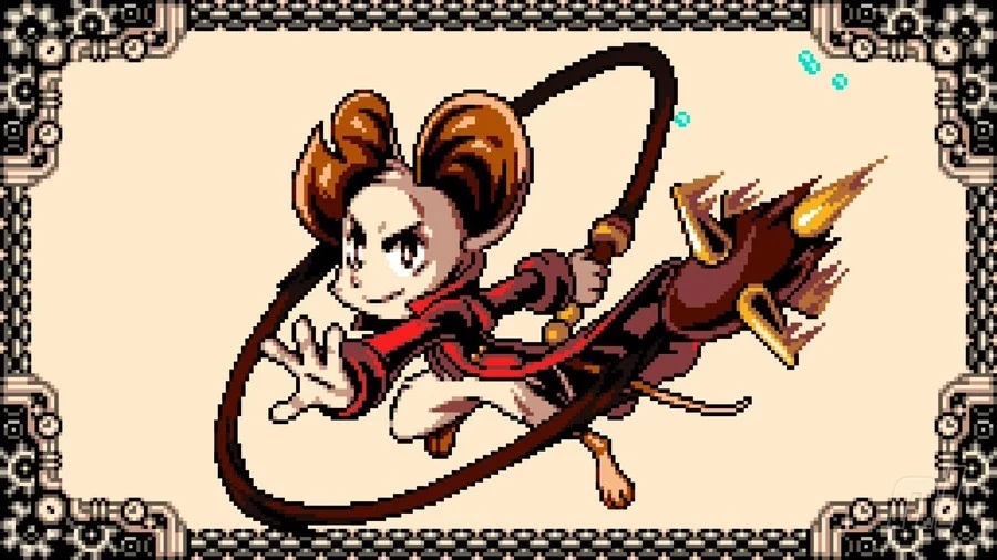Mina the Hollower character with horns wielding a whip and magical staff weapon