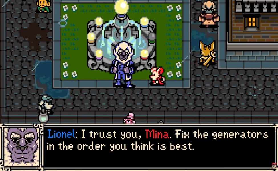 Mina the Hollower character receives instructions from Lionel in a pixel art dialogue scene