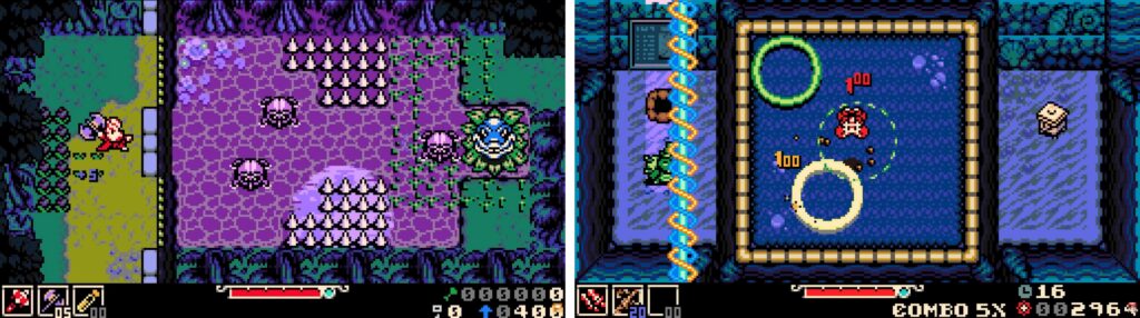 Pixel art gameplay screenshots from Mina the Hollower showing combat and exploration scenes with UI