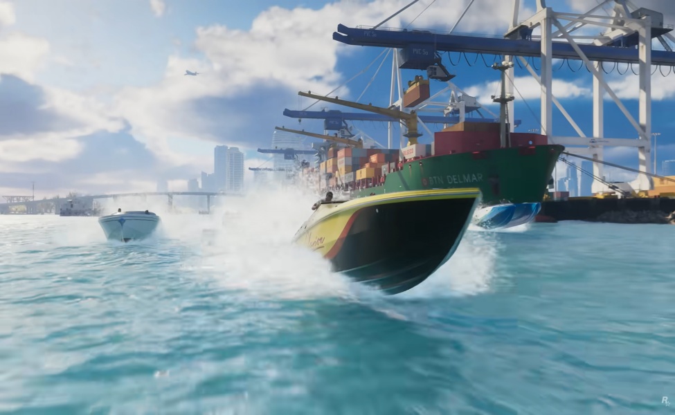 High-speed speedboat racing past cargo ship in GTA 6 harbor setting