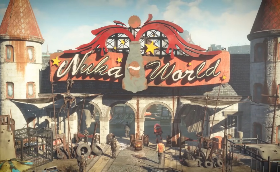 Nuka World theme park entrance with red Nuka-World sign and retro architecture in Fallout game