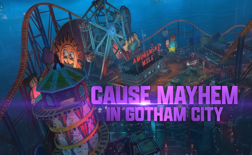 Colorful LEGO amusement park with roller coasters and Gotham City skyline theme