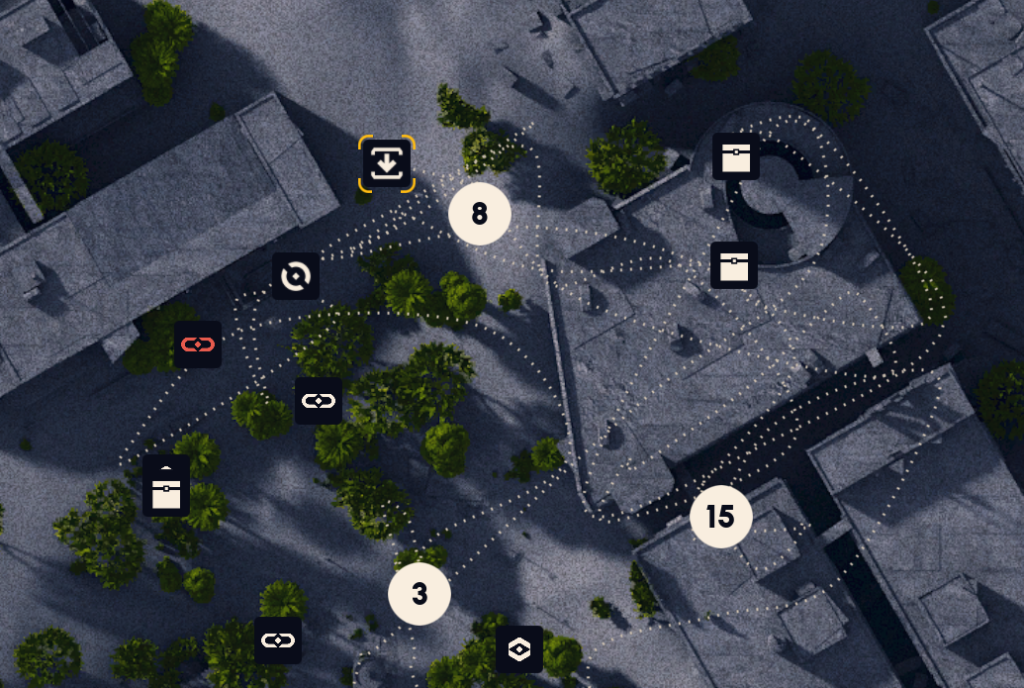 Overhead map of Buried City parking garage showing numbered call stations and supply drop locations