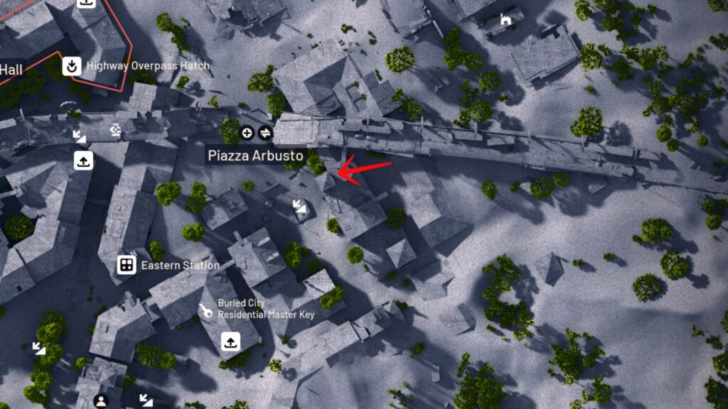Aerial map view of Piazza Arbusto location in Arc Raiders Buried City with marked supply drop point