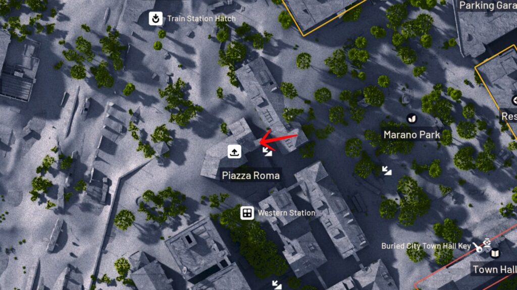 Aerial map view of Piazza Roma in Arc Raiders Buried City with marked supply drop location