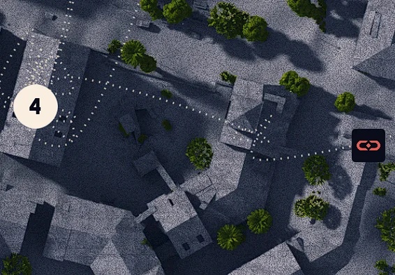 Aerial view of Plaza Rosa rooftop in Buried City with paved ground, green plants