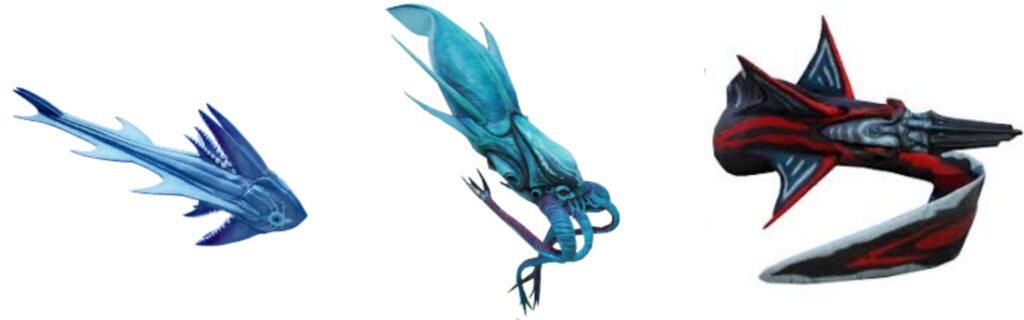 Four alien predator creatures from Subnautica 2 shown in profile view