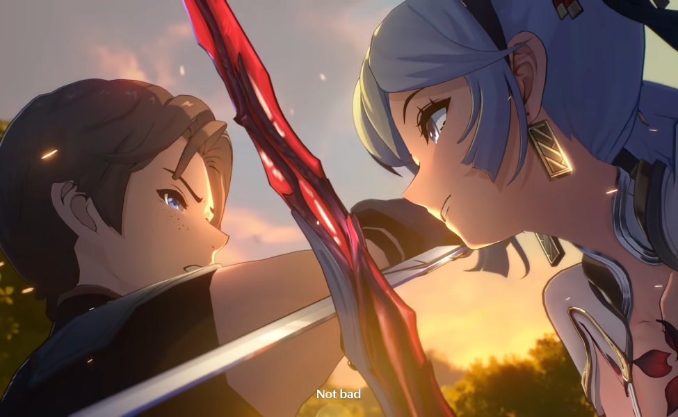 Two anime characters in combat with glowing weapons at sunset