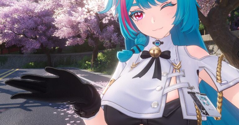 Anime character with blue hair in white outfit standing in purple cherry blossom garden