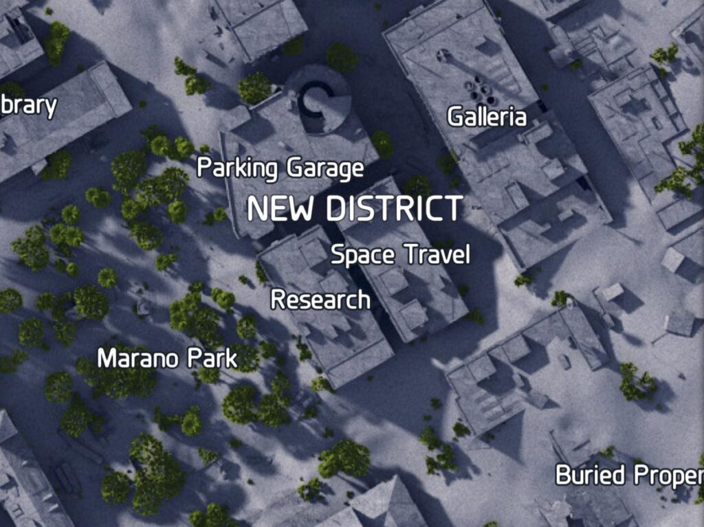Aerial map of Buried City district showing Research, Space Travel, Galleria, Parking Garage