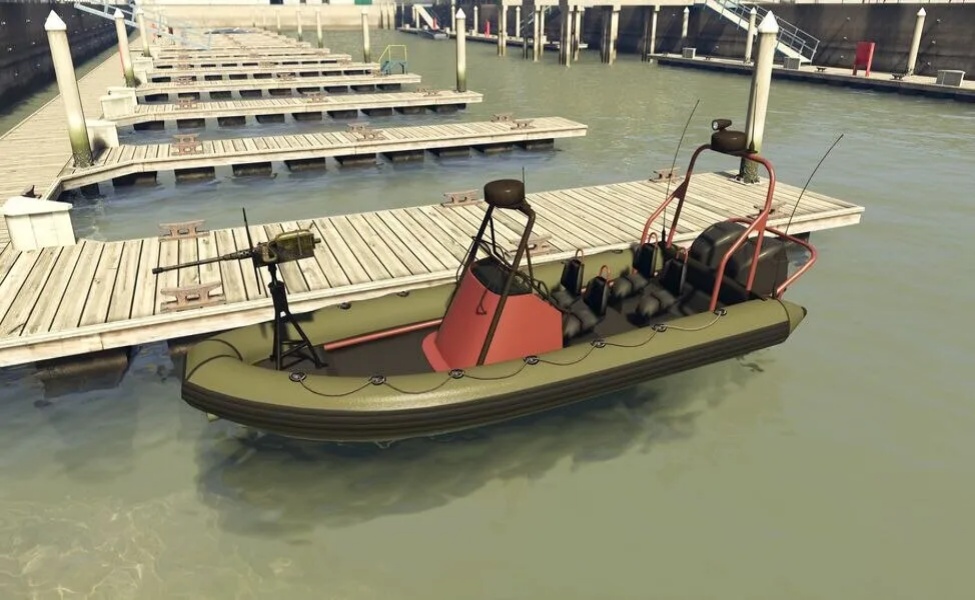 Inflatable speedboat with red canopy docked at marina in GTA 6
