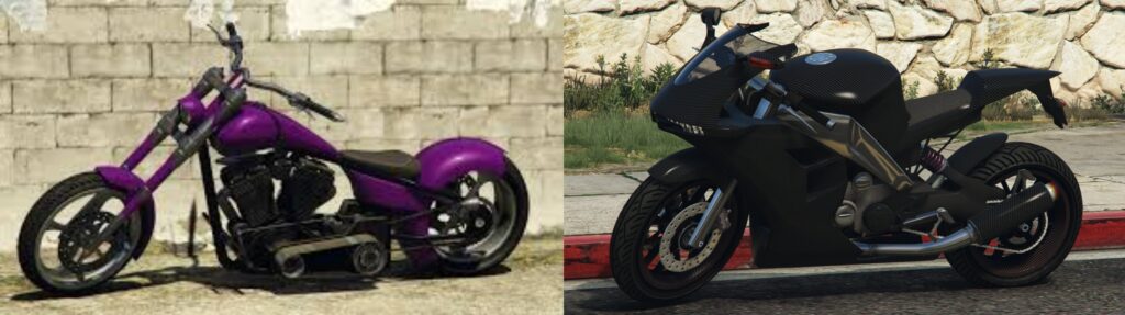 Two GTA motorcycles displayed side by side, showing returning bike designs for the game