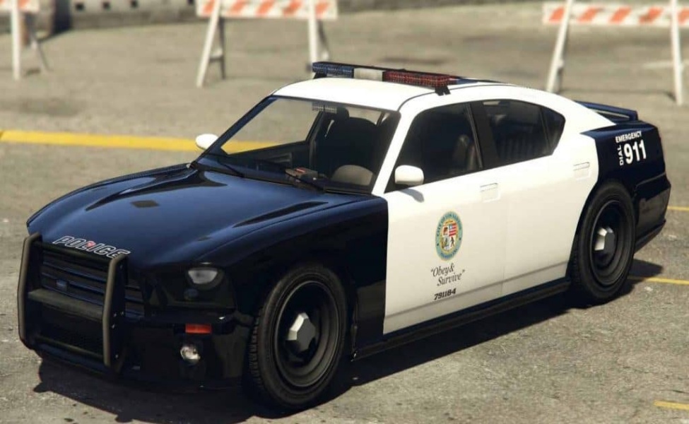 Police cruiser with black and white livery in GTA game environment