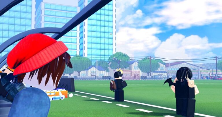 Roblox Soccer Zero gameplay showing characters on a soccer field with urban buildings in the
