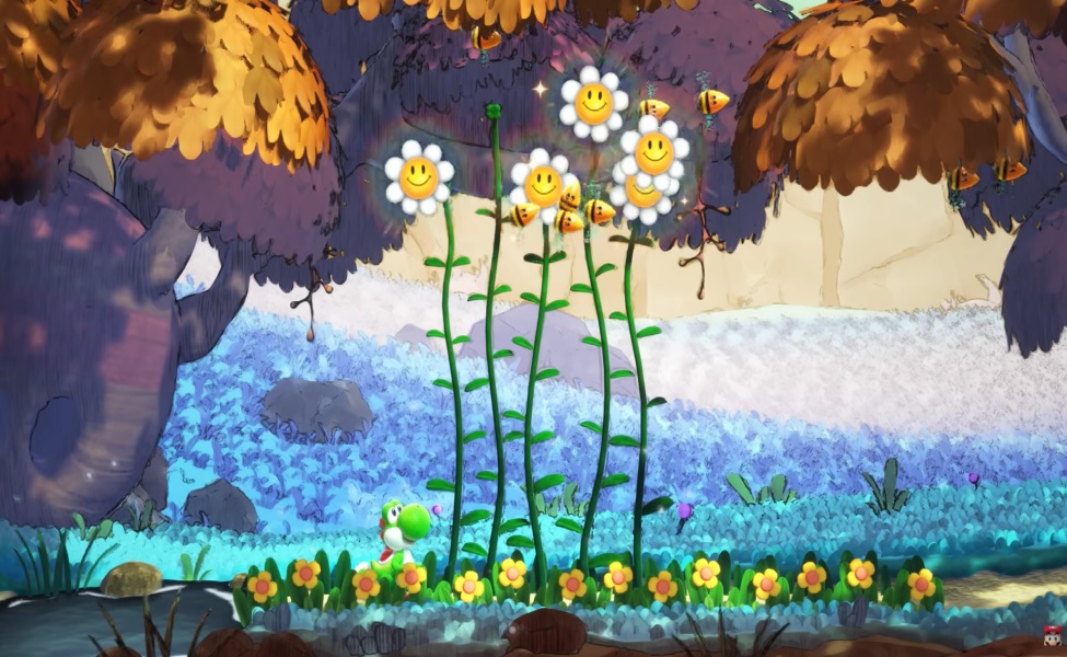 Yoshi stands in a colorful garden with smiley flowers and tall green stems in Yoshi and the