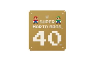 Super Mario Bros 40th anniversary logo with pixel art Mario and Luigi characters