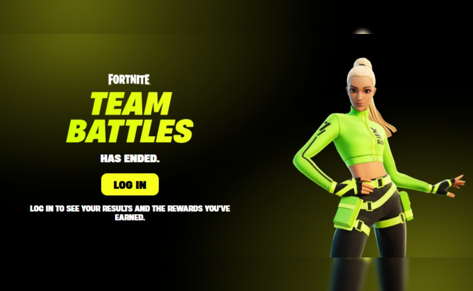 Fortnite Team Battles event ending screen with character in neon outfit