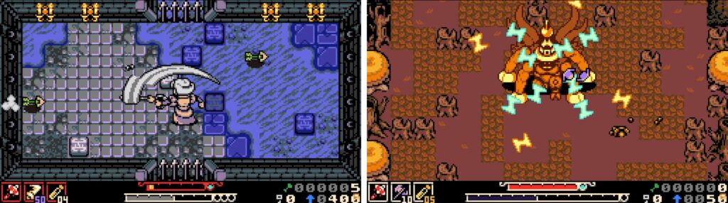 Boss fight gameplay from Mina the Hollower showing player character versus large enemy with