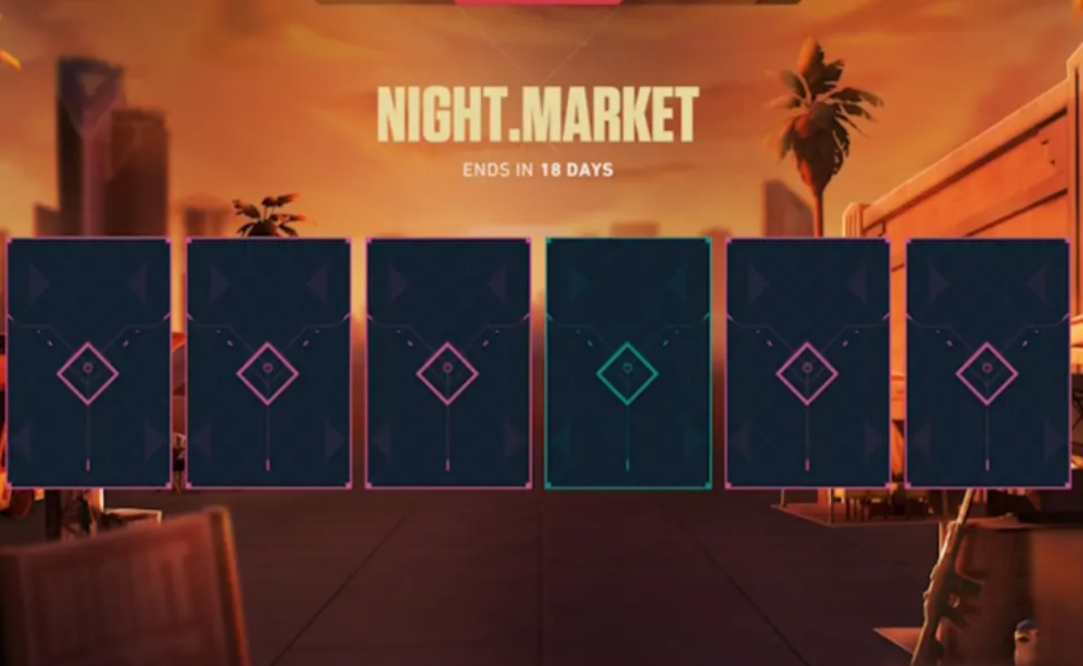 Valorant Night Market event ending in 18 days with six skin selection cards displayed