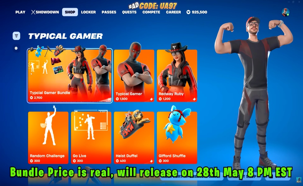 Typical Gamer Fortnite Icon Series skins and cosmetics bundle displayed in Item Shop