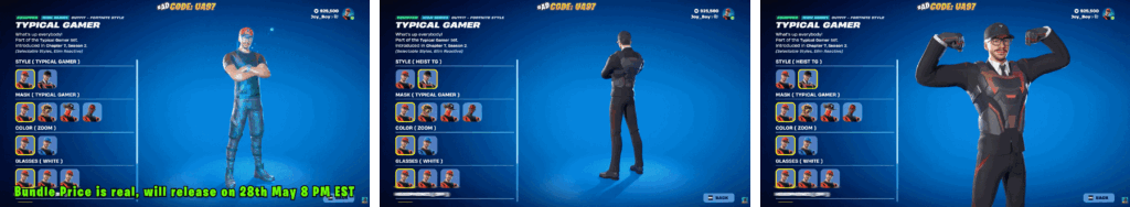 Typical Gamer Icon Series outfit customization screen showing style, mask, color