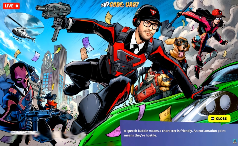 Typical Gamer Icon skin in Fortnite with character in red and black outfit holding weapon on green