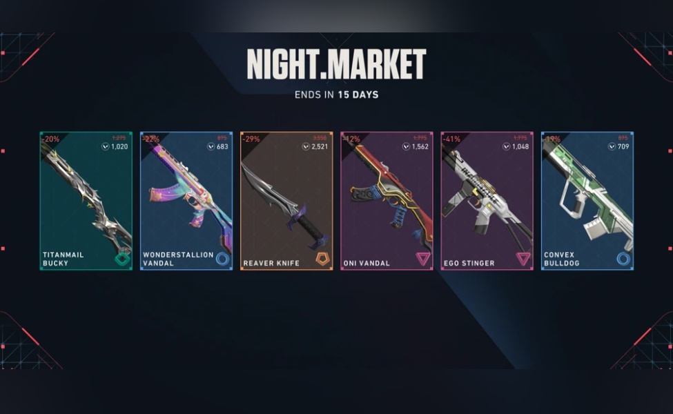 Valorant Night Market 2026 featured skins including Titanmail Bucky, Wonderstallion Vandal