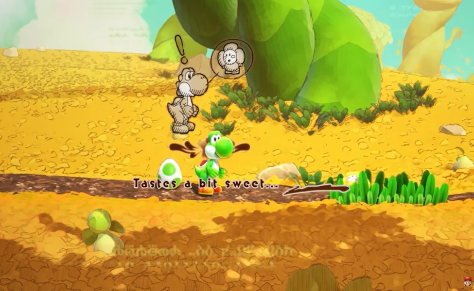 Yoshi discovers a sweet treat while exploring a desert landscape with green plants