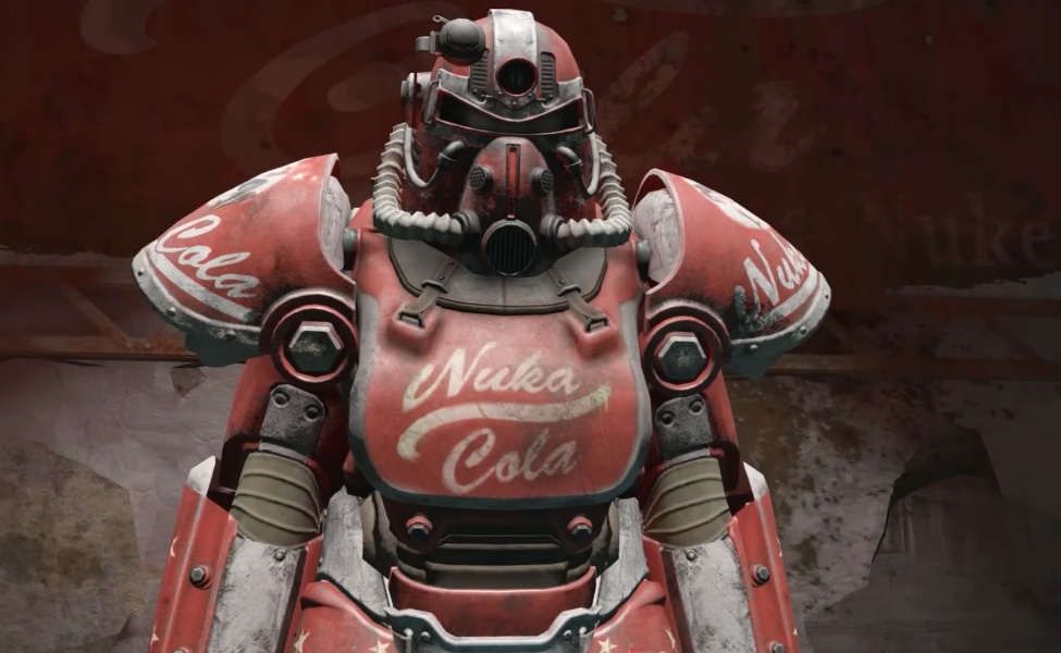 Fallout Nuka-Cola power armor statue with red and white vintage design
