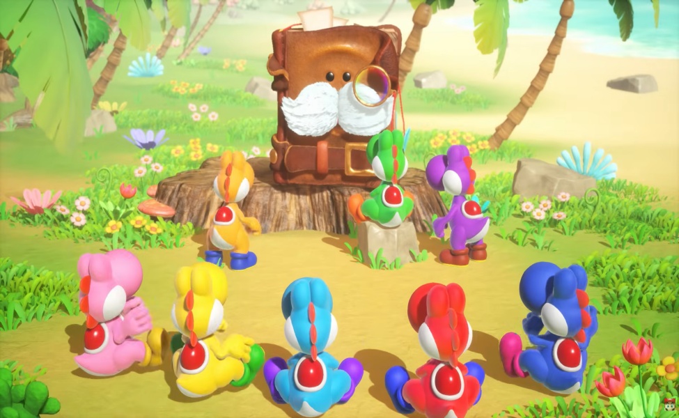 Colorful Yoshi characters gathered around a wooden tree stump in a sunny garden setting
