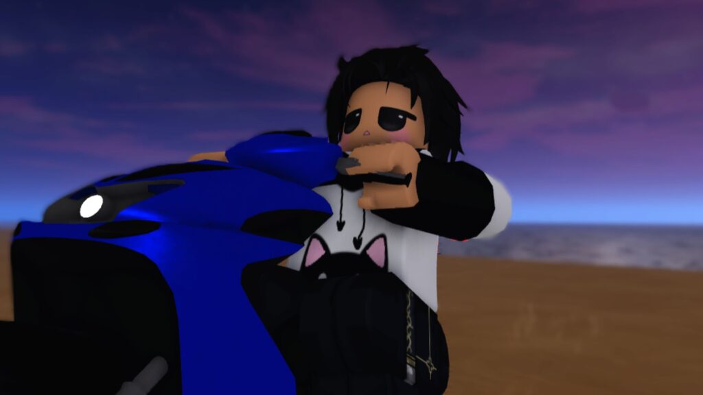 Animated character with black hair and sunglasses holding a blue car in Wheelie District Roblox game