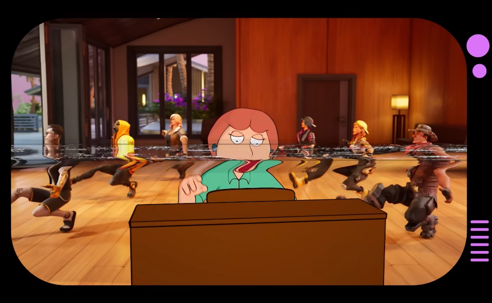 Animated character sitting at desk in grand hall with crowd in background