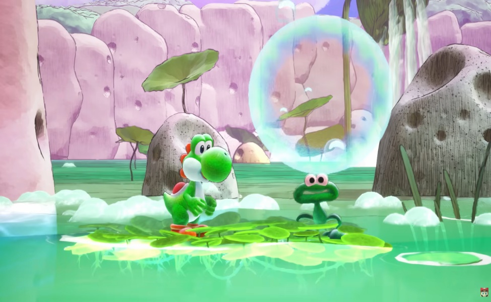 Green Yoshi with egg near water in colorful fantasy landscape from Yoshi and the Mysterious Book