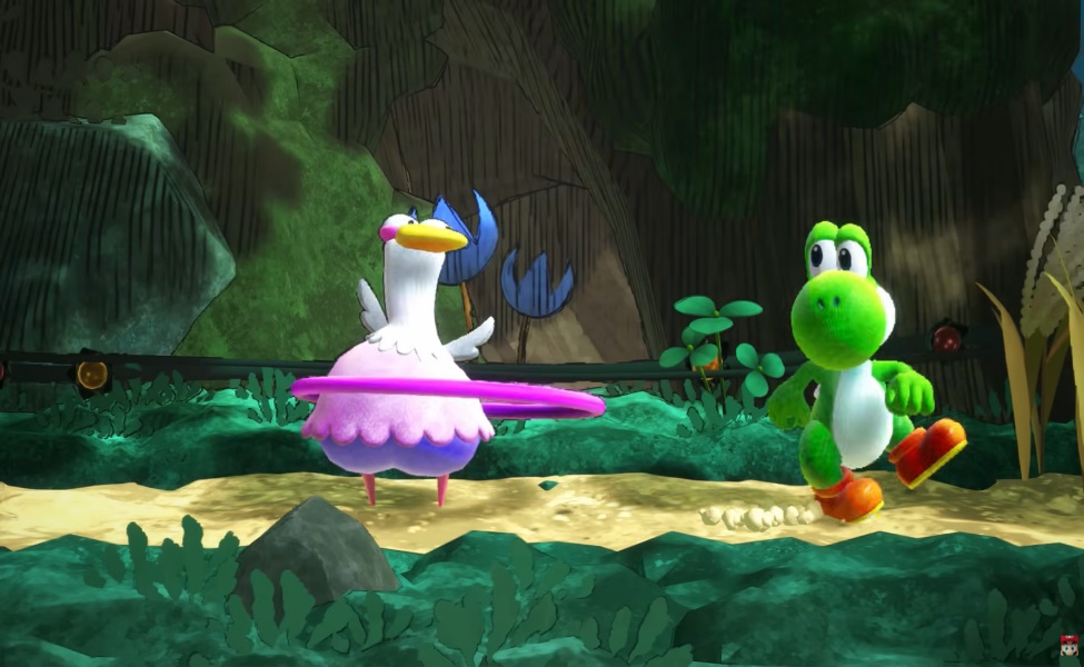 Yoshi encounters a bird character in a forest level from Yoshi and the Mysterious Book