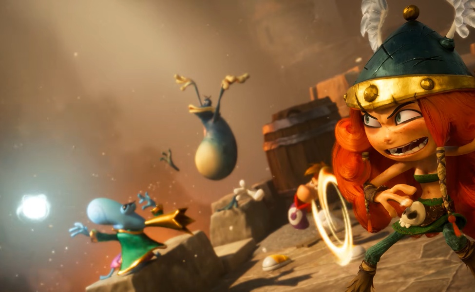 Colorful animated characters in Viking helmets and fantasy outfits in a cooperative multiplayer