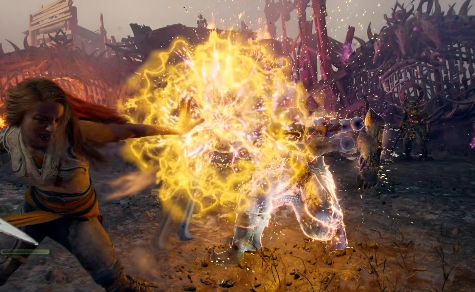 Character casting yellow magic spell during combat in God of War Laufey