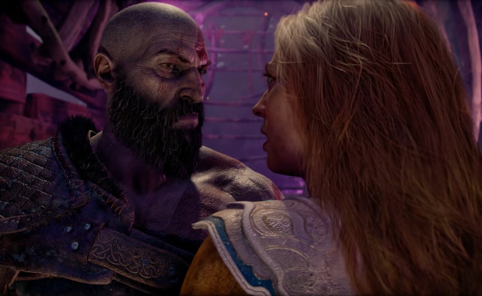 Bearded warrior with tattoos faces woman in intense confrontation in God of War Laufey scene