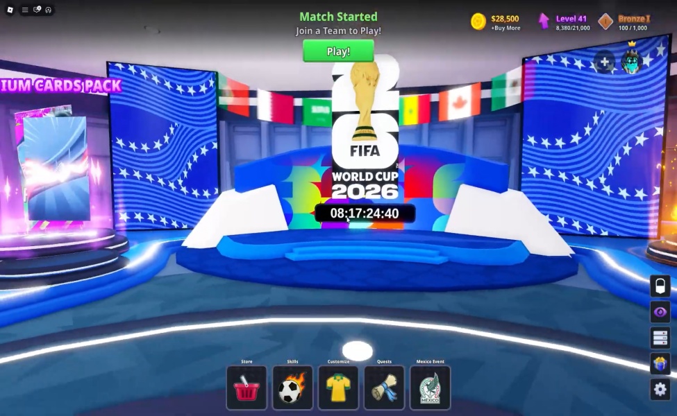 FIFA World Cup 2026 game interface showing match start screen with stadium and trophy
